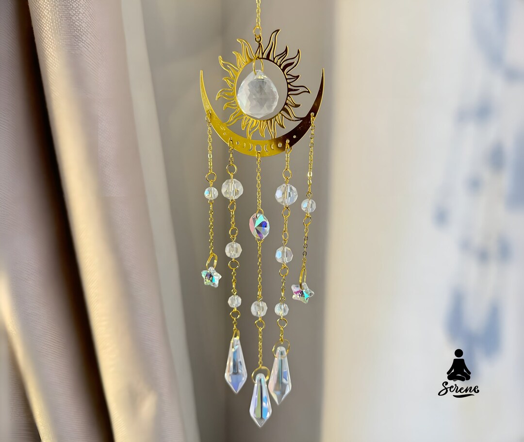 Sun & Moon Crystal Suncatcher Gold Window Hanging Crystals Rainbow ...