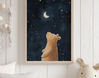 cute stargazing bear print,  cute bear wall art, toddler room décor, good night wall art, children's wall art, bear nursery print, moon bear