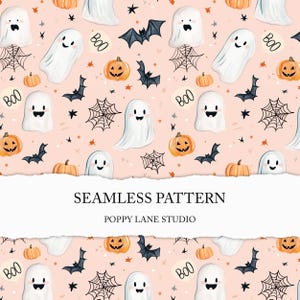 May include: A seamless pattern with white ghosts, orange pumpkins, black bats, and spiderwebs on a pale pink backdrop. The word "BOO" is in speech bubbles. The text "SEAMLESS PATTERN" and "POPPY LANE STUDIO" are also visible.