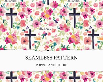 seamless He is Risen pattern, seamless Easter digital paper, Jesus seamless, Christian Cross background, floral cross print, textile design