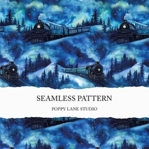 polar express seamless file, winter train printable, train background, seamless steam train pattern, railway enthusiast, train seamless file