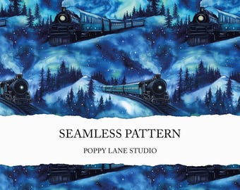 polar express seamless file, winter train printable, train background, seamless steam train pattern, railway enthusiast, train seamless file
