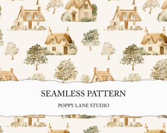 neutral cottage background, watercolor village seamless pattern, beige cottagecore printable, farmhouse scrapbook paper, house fabric design