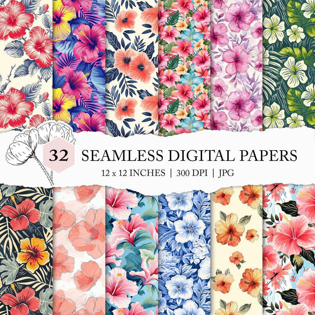 Hibiscus Digital Paper, Seamless Hibiscus Pattern, Hibiscus Background ...