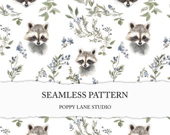 watercolour raccoon printable file, seamless raccoon pattern, baby raccoon background, raccoon digital paper, commercial use, fabric design