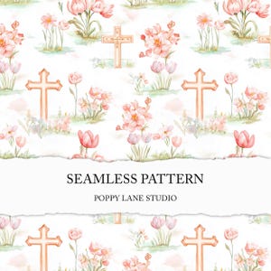 Könnte beinhalten: Ein nahtloses Muster mit Aquarellillustrationen von rosa Blumen, Kreuzen und Grün auf weißem Hintergrund. Das Design umfasst verschiedene Blumenarrangements und Kreuze, mit dem Text "SEAMLESS PATTERN" und "POPPY LANE STUDIO".