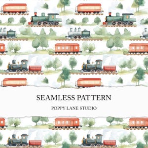 May include: A seamless pattern featuring watercolor illustrations of trains and greenery. The pattern includes red, green, and blue trains with black wheels and white smoke. The background is a light blue watercolor wash with green trees and bushes.