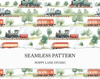 seamless train pattern, watercolour train background, cute train digital paper, train buff printable, train seamless file, custom fabric JPG