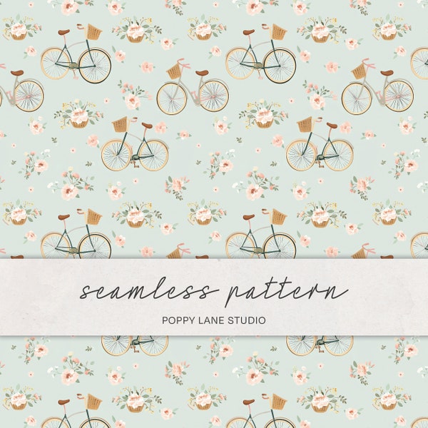 pastel coloured bicycle background, cute bike floral seamless pattern, bicycle with flower basket, sweet floral bike pattern, commercial use