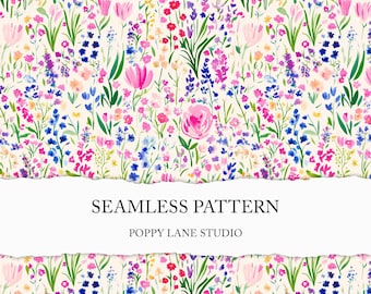 cute spring meadow seamless file, preppy wildflower background, seamless spring florals, colourful flower digital pattern, Easter florals