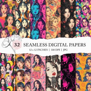 Koreaanse meidenband achtergrond, k-pop achtergrond, schattig kpop-patroon, Koreaans plakboekpapier, afdrukbaar kpop digitaal papier, Koreaans meisjespatroon