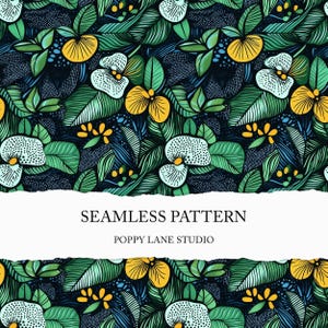 May include: Seamless pattern featuring a repeating design of green leaves, yellow flowers, and blue and white flowers. The pattern is on a dark blue background. The text "Seamless Pattern" and "Poppy Lane Studio" is at the bottom of the image.