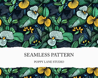 botanical Ankara wax background, vibrant African wax seamless pattern, green botanical seamless, printable nature fabric, seamless orchid