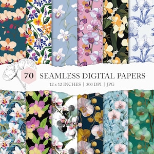May include: A collection of 70 seamless digital papers, each 12 x 12 inches, featuring various floral patterns. The designs showcase orchids and other flowers in a range of colors, including pink, blue, yellow, and white. The image includes the text "70 SEAMLESS DIGITAL PAPERS".