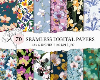 May include: A collection of 70 seamless digital papers, each 12 x 12 inches, featuring various floral patterns. The designs showcase orchids and other flowers in a range of colors, including pink, blue, yellow, and white. The image includes the text "70 SEAMLESS DIGITAL PAPERS".