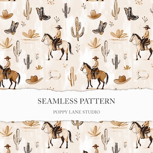 Op de afbeelding: Een naadloos patroon met cowboy-thema illustraties in bruine en beige tinten. Het ontwerp bevat cactussen, cowboyhoeden, laarzen en cowboys te paard. De tekst "SEAMLESS PATTERN" en "POPPY LANE STUDIO" zijn ook zichtbaar.