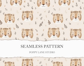 cute tiger seamless pattern, beige tiger background, gender neutral nursery fabric, Asian animal seamless file, tiger face surface design