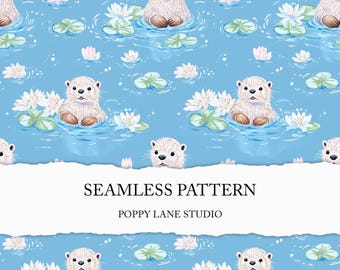 seamless otter pattern, adorable otter background, fish otter scrapbook paper, gender neutral fabric pattern, custom kids fabric design JPEG