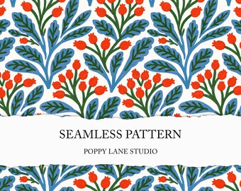 seamless red berry pattern, retro botanical background, vintage berry seamless file, printable craft paper, maximalist berry textile design