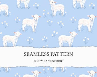 cottagecore lamb seamless file, cute sheep background, pastel baby lamb digital paper, Easter seamless farm animal, blue lamb seamless JPEG