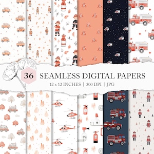 Könnte beinhalten: Eine Sammlung von 36 nahtlosen digitalen Papieren, jeweils 30,48 x 30,48 cm groß. Die Designs zeigen Aquarellillustrationen von Feuerwehrautos, Feuerwehrleuten, Helmen und verwandten Elementen in verschiedenen Mustern. Die Farbpalette umfasst Rot, Orange und Marineblau.