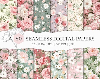 sage green and pink floral background, cute pink flower seamless pattern, pastel floral digital paper, blush pink flower digital paper, JPEG
