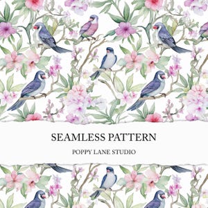 watercolour bird seamless pattern, pastel chinoiserie background, birds in floral branches, cute chinoiserie seamless pattern, nature design
