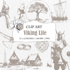 May include: Clip art set titled "Viking Life" featuring illustrations of Viking figures, longboats, axes, and traditional buildings. The set includes a variety of Viking-themed graphics, perfect for digital art projects. The image is 12 x 12 inches.