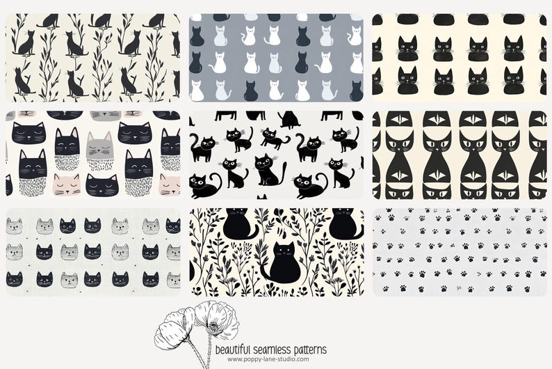 Basic Cat Print Minimalistic Cat Pattern, Line Art Cat, Monochrome Cat Digital Paper ...