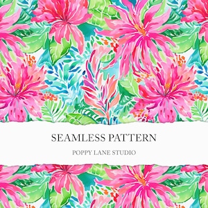 preppy tropical seamless pattern, watercolour hibiscus background, seamless pink hibiscus floral pattern, cute tropical flower pattern, JPEG