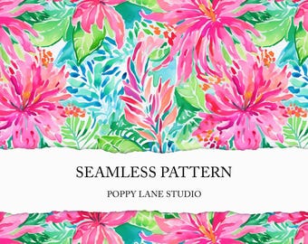 preppy tropical seamless pattern, watercolour hibiscus background, seamless pink hibiscus floral pattern, cute tropical flower pattern, JPEG