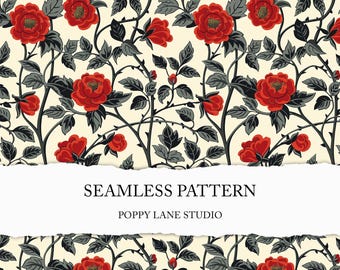 Tudor rose pattern, vintage floral digital paper, medieval rose flower design, red black retro flower pattern, antique floral design, rose