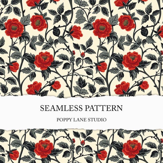 Tudor Rose Pattern, Vintage Floral Digital Paper, Medieval Rose