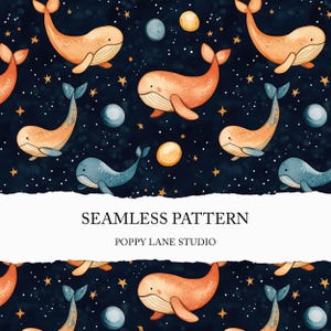 cute space whale background, seamless whale pattern, space whale digital paper, adorable whale fabric pattern, kids seamless, cute whales