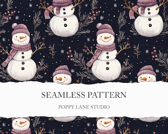 seamless snowman pattern, cute snowman background, Christmas printable, dark Christmas digital paper, purple snowman scrapbook paper, JPEG