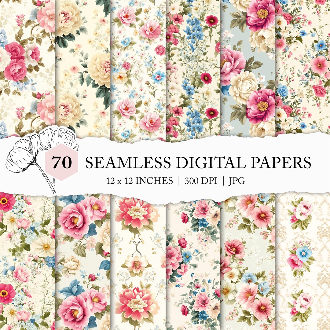 Shabby Chic Floral Digital Paper, Vintage Flower Seamless Pattern ...