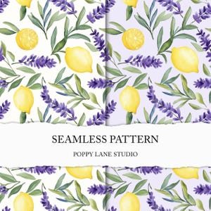 Zitronen Musterdesign, Zitronen und Lavendel Textil Design, Lavendel Hintergrund, nahtlose Natur Muster, niedlicher Zitronen Druck, kommerzielle Nutzung