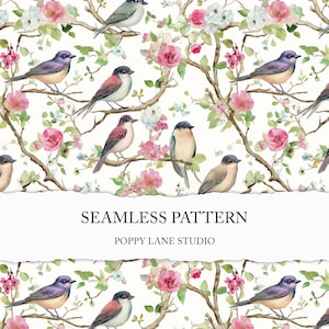 preppy bird seamless background, wildlife pattern, seamless bird print, vintage bird digital paper, bird seamless pattern, floral bird paper