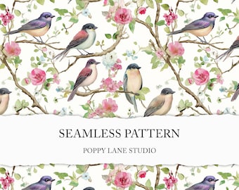 preppy bird seamless background, wildlife pattern, seamless bird print, vintage bird digital paper, bird seamless pattern, floral bird paper