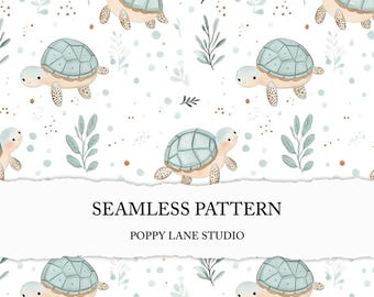 Seamless Baby Sea Turtle Pattern, Cute Turtle Nursery Fabric, Ocean Animal Digital Paper, Coastal Kids Seamless Print, Commercial Use