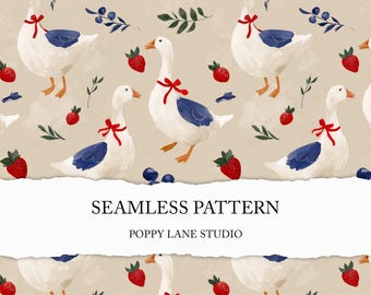 May include: Seamless pattern featuring white geese with blue wing accents and red bows, interspersed with strawberries and blueberries on a beige background. The text "SEAMLESS PATTERN" and "POPPY LANE STUDIO" are also visible.