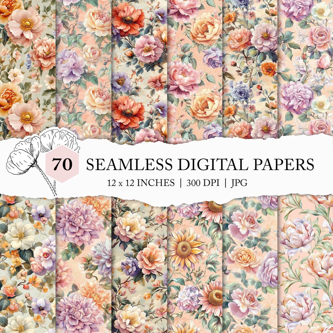 Vintage Floral Digital Scrapbook, Shabby Chic Flower Background, Pastel ...