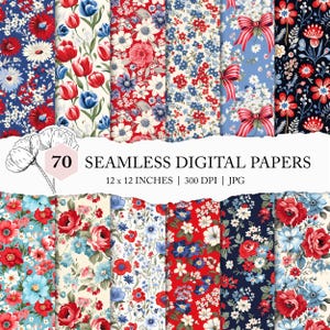 preppy floral background, red white and blue florals, shabby chic digital paper, seamless rose, red flower scrapbook paper, blue flower JPEG