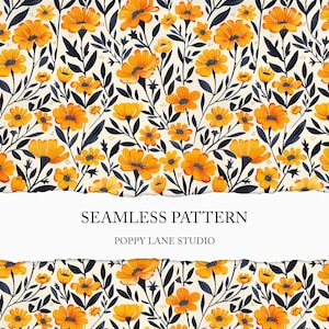 May include: A seamless pattern featuring a repeating design of yellow flowers with dark blue leaves on a cream background. The text "SEAMLESS PATTERN" and "POPPY LANE STUDIO" is displayed on a white banner.