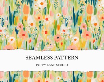 abstract floral meadow pattern, spring seamless background, summer floral textile design, gouache flower seamless file, painterly floral JPG