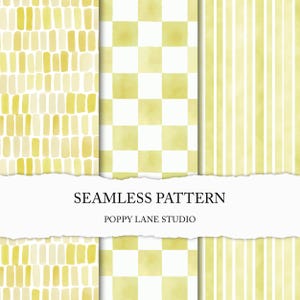 May include: A collection of seamless patterns in shades of yellow and white. The patterns include vertical stripes, a checkerboard design, and a design of vertical rectangles. The text "SEAMLESS PATTERN" and "POPPY LANE STUDIO" are visible.