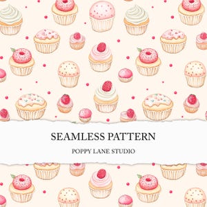 Könnte beinhalten: Ein nahtloses Muster mit verschiedenen Cupcakes und Donuts mit rosa, weißem und rotem Frosting. Der Hintergrund ist hellcremefarben mit kleinen roten Punkten. Der Text "SEAMLESS PATTERN" und "POPPY LANE STUDIO" ist im Bild enthalten.