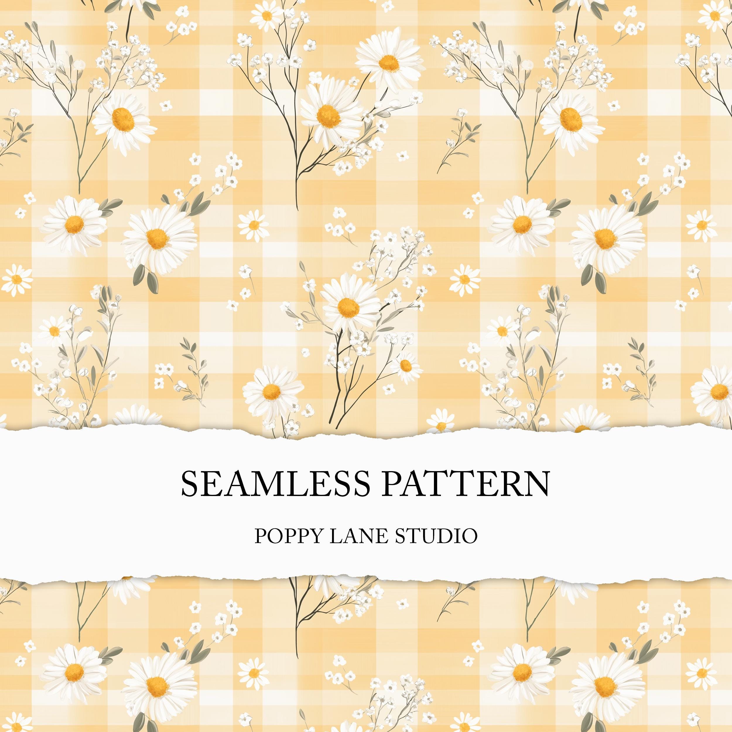Yellow Plaid Daisy Background, Daisy Seamless Pattern, Yellow