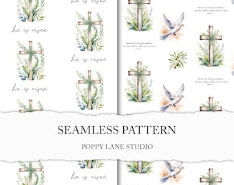 Easter seamless pattern, He Is Risen, Christian holiday, Christian cross digital paper, Jesus seamless file, Bible scrapbook, Easter paper
