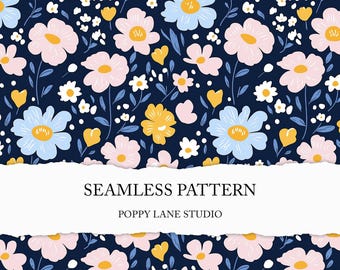 blue ditsy floral background, modern floral digital pattern, preppy flower seamless, textile design, blue flower digital paper custom fabric